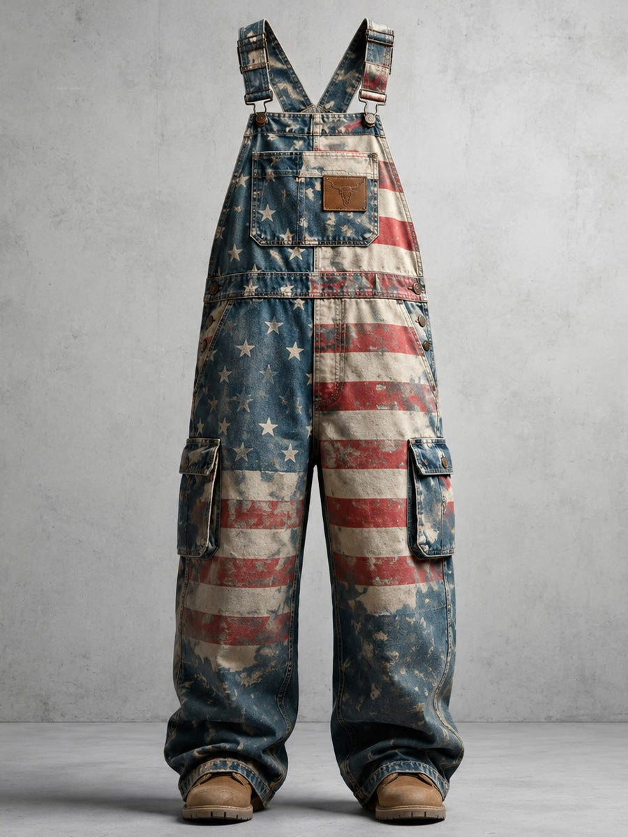 Men's Retro Style Art Print Vintage Casual Washed Cotton Denim Patchwork Jumpsuit